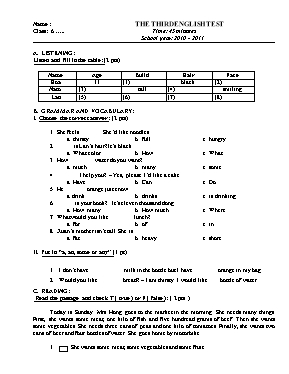 Đề kiểm tra 1 tiết số 3 môn Tiếng Anh Lớp 6 - Năm học 2010-2011